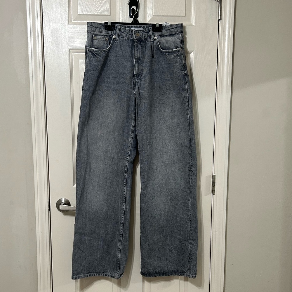Zara Grey Full Length Mid-Rise Wide Leg Jeans